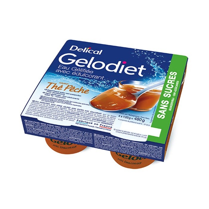 Nutrition & Hydratation : Delical Gelodiet Eau Gélifiée Edulcorée sans Sucres Thé Pêche 4 x 120g à 3,90 € -5%